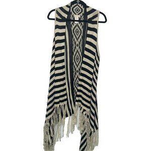 Its Our Time Black Cream Aztec Stripe Fringe Cardigan Vest Women's XL